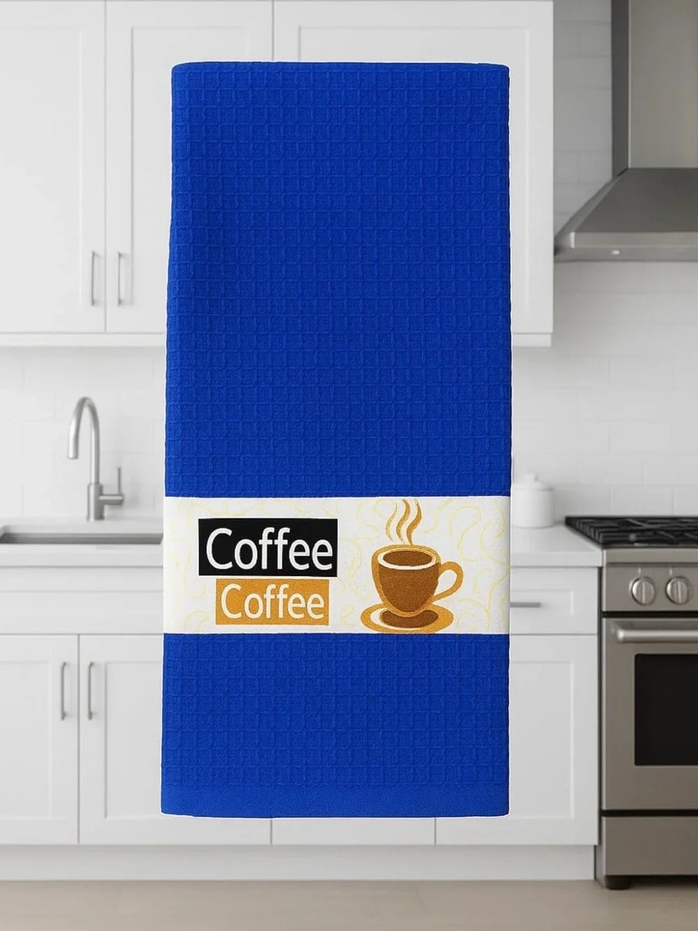 YNS Generic Royal Blue Coffee Motif Waffle Kitchen Towels - Set of 3